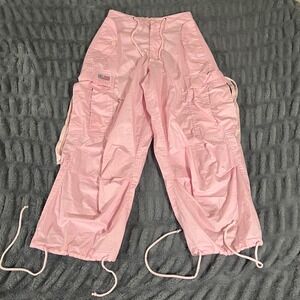 UFO Pink Cargo Parachute Pants XXXS Y2K Streetwear Drawstring Baggy Cropped